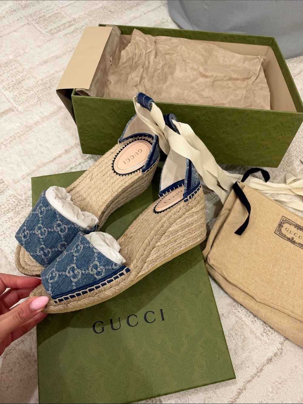 Gucci Denim Blue Espadrille Wedge Sandals with Ankle Ribbon - worn once